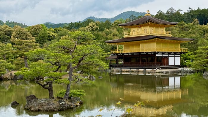Le Pavillon d'or du Kinkaku-ji se reflétant dans son étang entre les pins