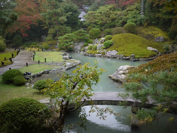 Le jardin d'étang du Shoren-in avec un petit pont de pierre et des arbustes taillés